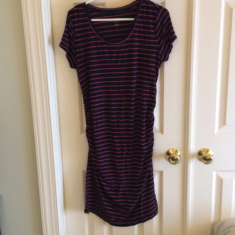 Navy blue and pink striped maternity dress